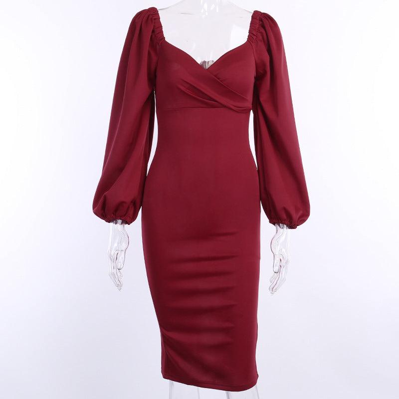 Sexy low-cut midi skirt fluffy sleeve dress - fra Red Medusa - Pris 399 kr! Kjøp nå betal senere med Klarna hos Hubes.no